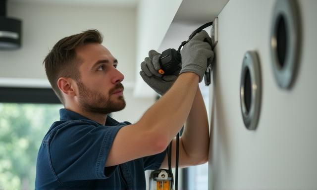 Technician installing speakers